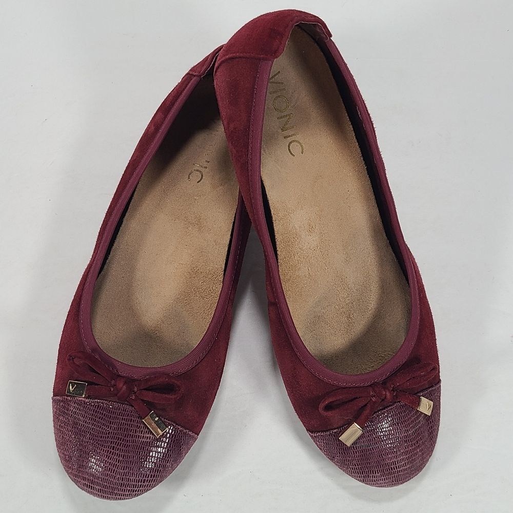 Vionic Minna Merlot Suede Reptile Cap Toe Ballet Flats Bow Detail Women Size 7